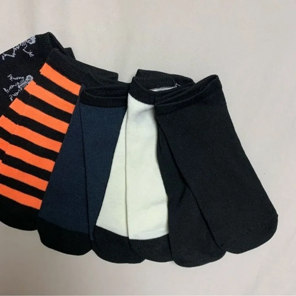 Halloween Fall Girl’s 6-12 Ankle Socks Orange Black Skeleton Stripes Set of 5